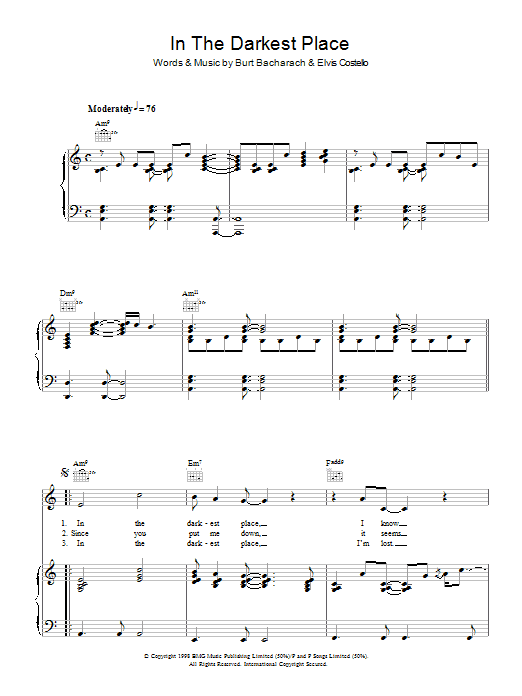 Download Elvis Costello and Burt Bacharach In The Darkest Place Sheet Music and learn how to play Piano, Vocal & Guitar (Right-Hand Melody) PDF digital score in minutes