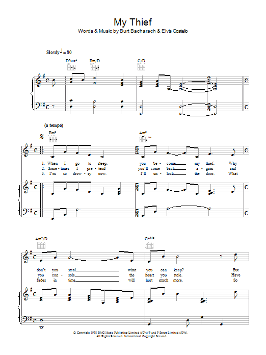 Download Elvis Costello and Burt Bacharach My Thief Sheet Music and learn how to play Piano, Vocal & Guitar (Right-Hand Melody) PDF digital score in minutes