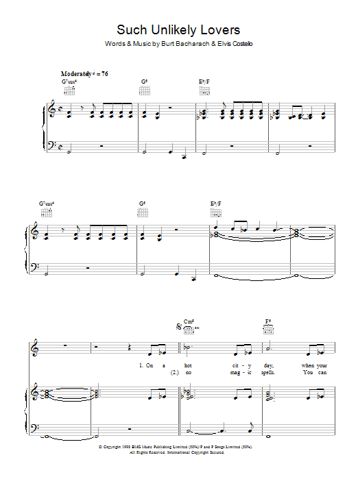 Download Elvis Costello and Burt Bacharach Such Unlikely Lovers Sheet Music and learn how to play Piano, Vocal & Guitar (Right-Hand Melody) PDF digital score in minutes