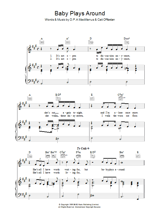 Download Elvis Costello Baby Plays Around Sheet Music and learn how to play Piano, Vocal & Guitar (Right-Hand Melody) PDF digital score in minutes