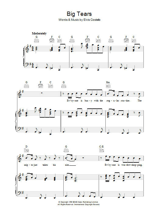 Download Elvis Costello Big Tears Sheet Music and learn how to play Piano, Vocal & Guitar (Right-Hand Melody) PDF digital score in minutes