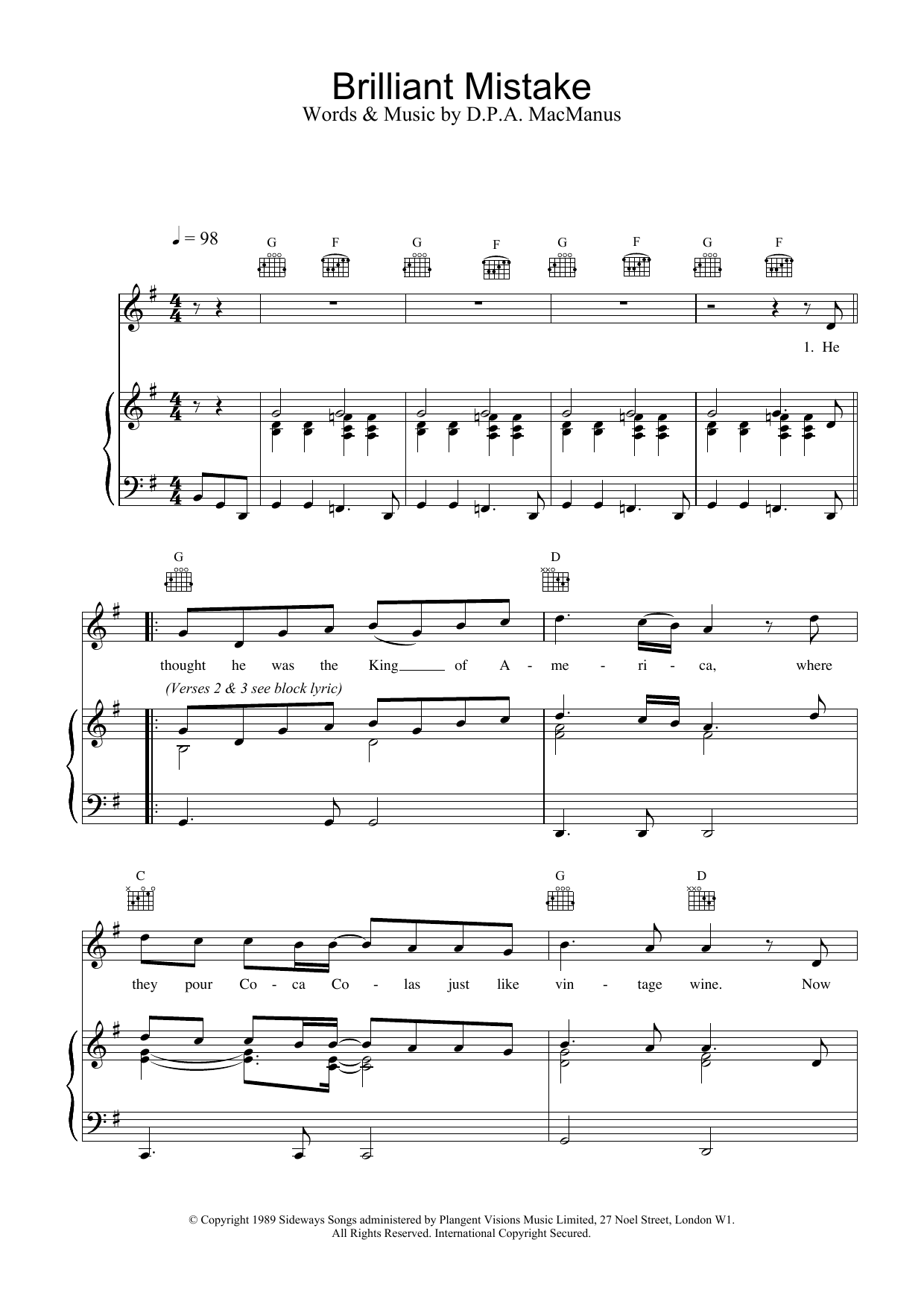 Download Elvis Costello Brilliant Mistake Sheet Music and learn how to play Piano, Vocal & Guitar (Right-Hand Melody) PDF digital score in minutes