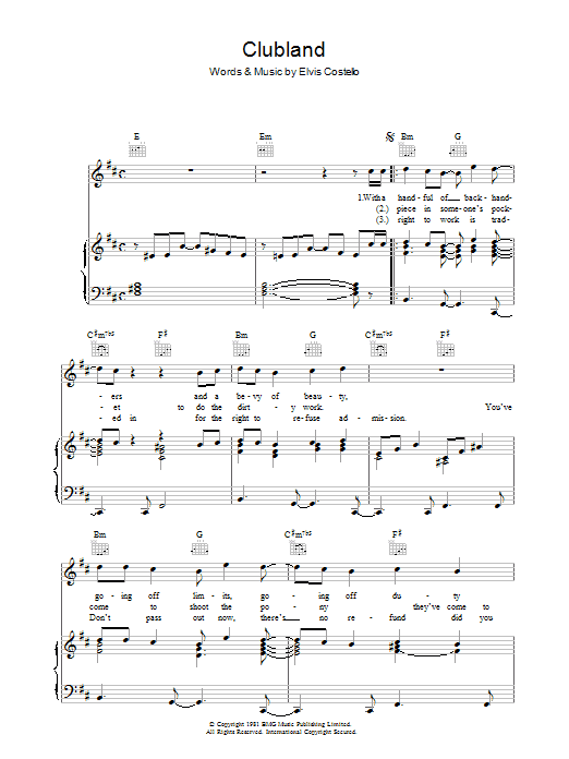 Download Elvis Costello Clubland Sheet Music and learn how to play Piano, Vocal & Guitar (Right-Hand Melody) PDF digital score in minutes