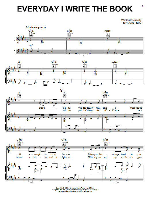 Download Elvis Costello Everyday I Write The Book Sheet Music and learn how to play Piano, Vocal & Guitar (Right-Hand Melody) PDF digital score in minutes