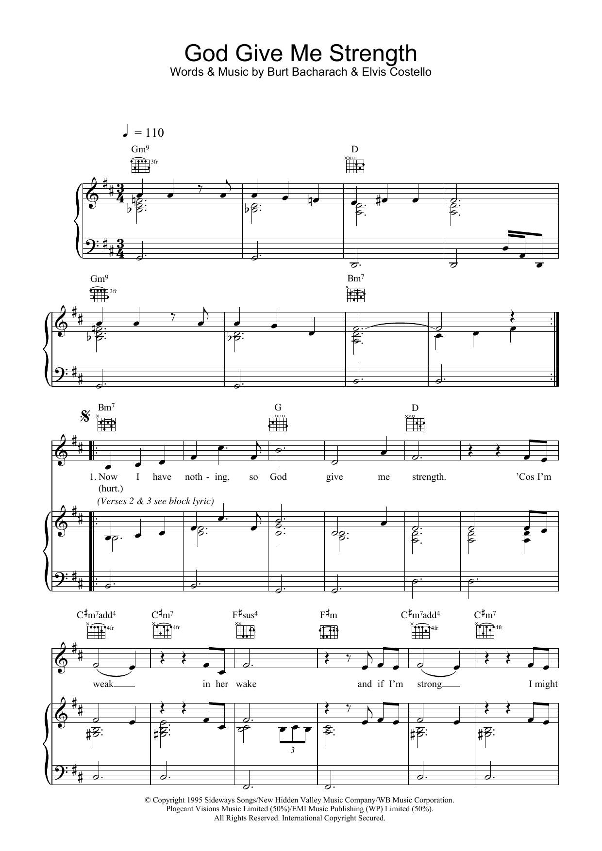 Download Elvis Costello and Burt Bacharach God Give Me Strength Sheet Music and learn how to play Piano, Vocal & Guitar (Right-Hand Melody) PDF digital score in minutes