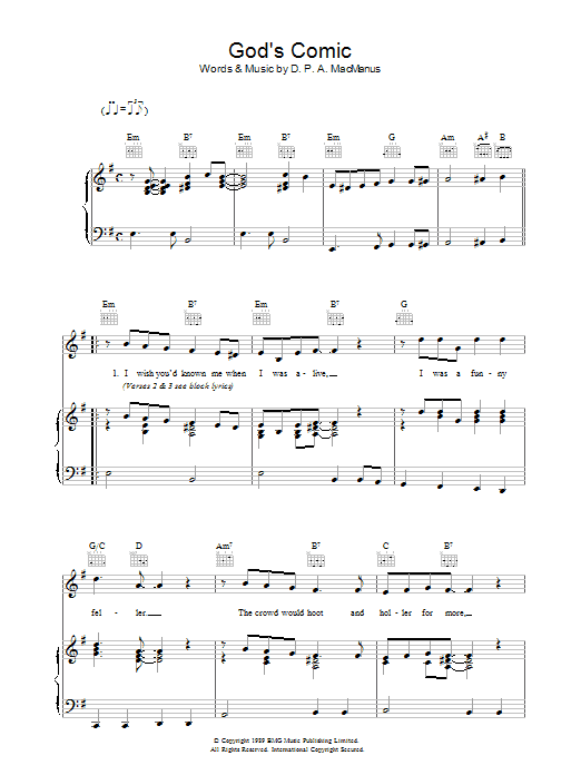 Download Elvis Costello God's Comic Sheet Music and learn how to play Piano, Vocal & Guitar (Right-Hand Melody) PDF digital score in minutes