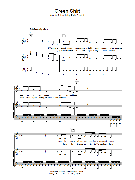 Download Elvis Costello Green Shirt Sheet Music and learn how to play Piano, Vocal & Guitar (Right-Hand Melody) PDF digital score in minutes