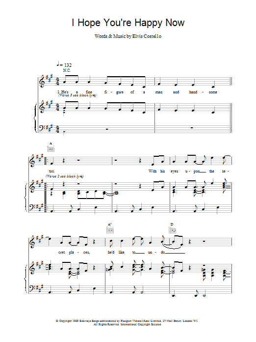 Download Elvis Costello I Hope You're Happy Now Sheet Music and learn how to play Piano, Vocal & Guitar (Right-Hand Melody) PDF digital score in minutes