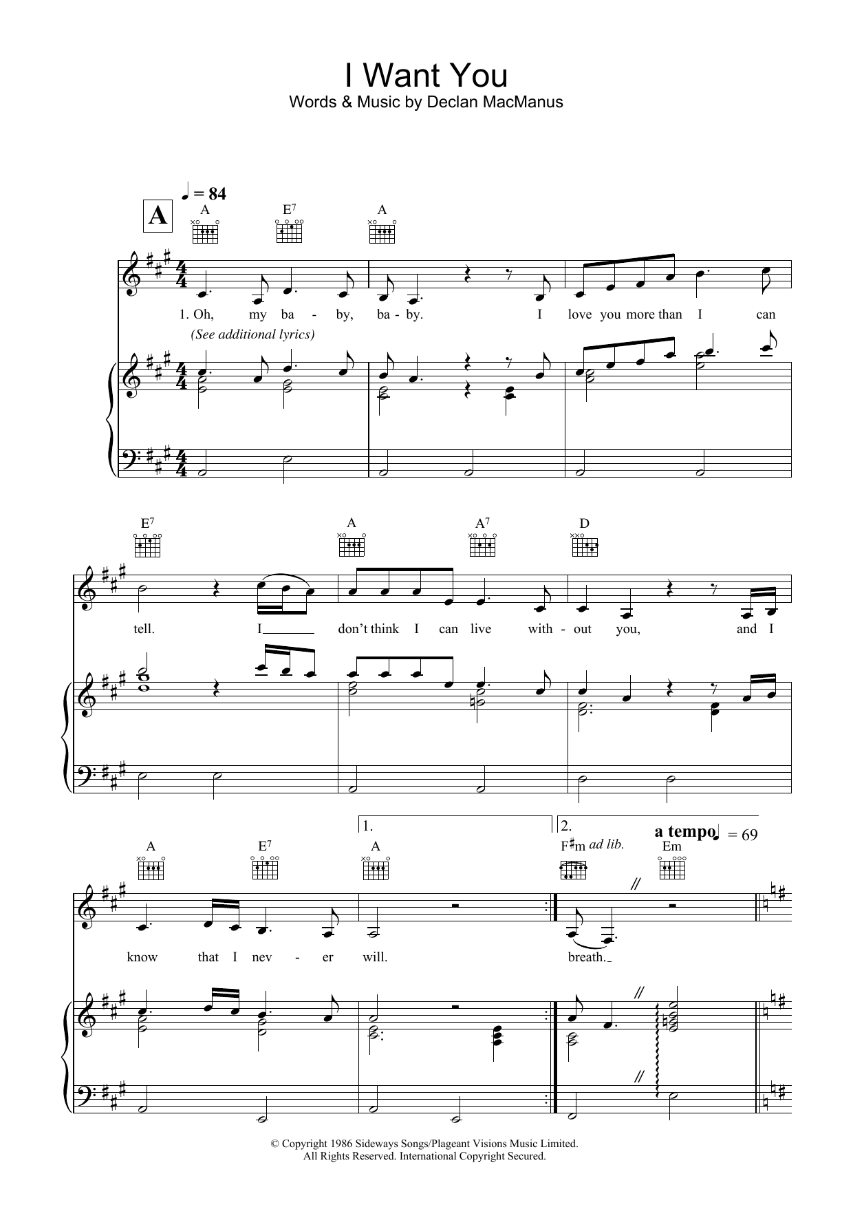Download Elvis Costello I Want You Sheet Music and learn how to play Piano, Vocal & Guitar (Right-Hand Melody) PDF digital score in minutes