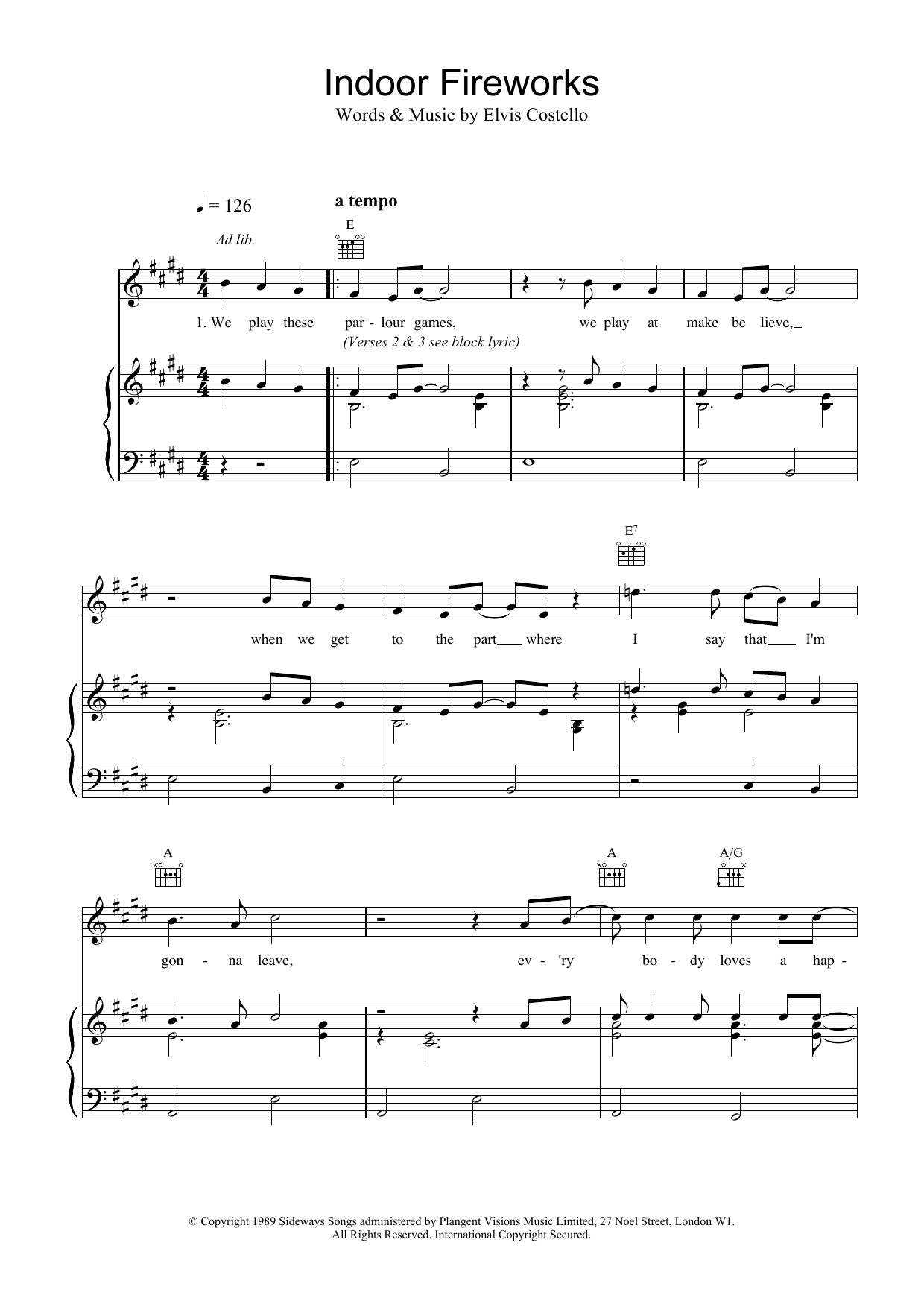 Download Elvis Costello Indoor Fireworks Sheet Music and learn how to play Piano, Vocal & Guitar (Right-Hand Melody) PDF digital score in minutes