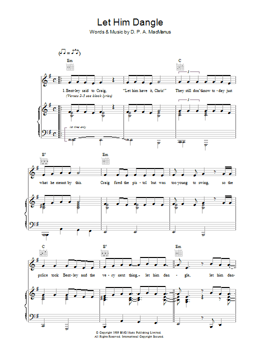 Download Elvis Costello Let Him Dangle Sheet Music and learn how to play Piano, Vocal & Guitar (Right-Hand Melody) PDF digital score in minutes