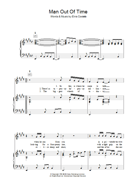 Download Elvis Costello Man Out Of Time Sheet Music and learn how to play Piano, Vocal & Guitar (Right-Hand Melody) PDF digital score in minutes