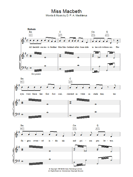 Download Elvis Costello Miss Macbeth Sheet Music and learn how to play Piano, Vocal & Guitar (Right-Hand Melody) PDF digital score in minutes