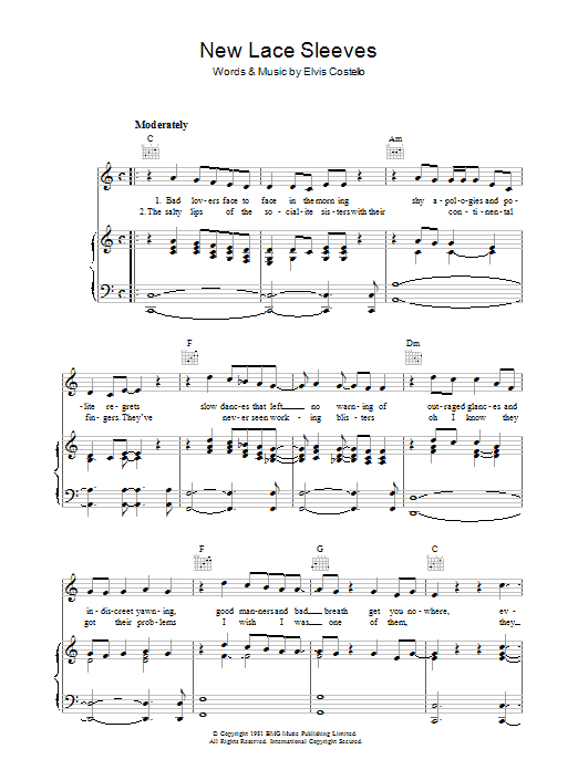 Download Elvis Costello New Lace Sleeves Sheet Music and learn how to play Piano, Vocal & Guitar (Right-Hand Melody) PDF digital score in minutes