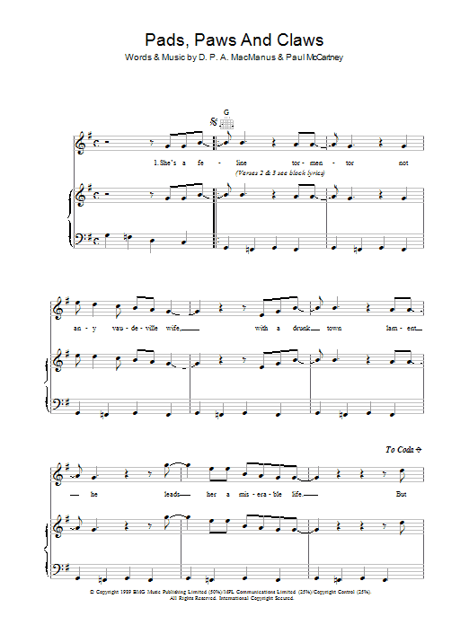 Download Elvis Costello Pads, Paws And Claws Sheet Music and learn how to play Piano, Vocal & Guitar (Right-Hand Melody) PDF digital score in minutes