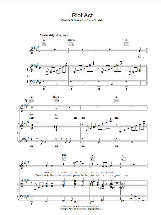 Download Elvis Costello Riot Act Sheet Music and learn how to play Piano, Vocal & Guitar (Right-Hand Melody) PDF digital score in minutes