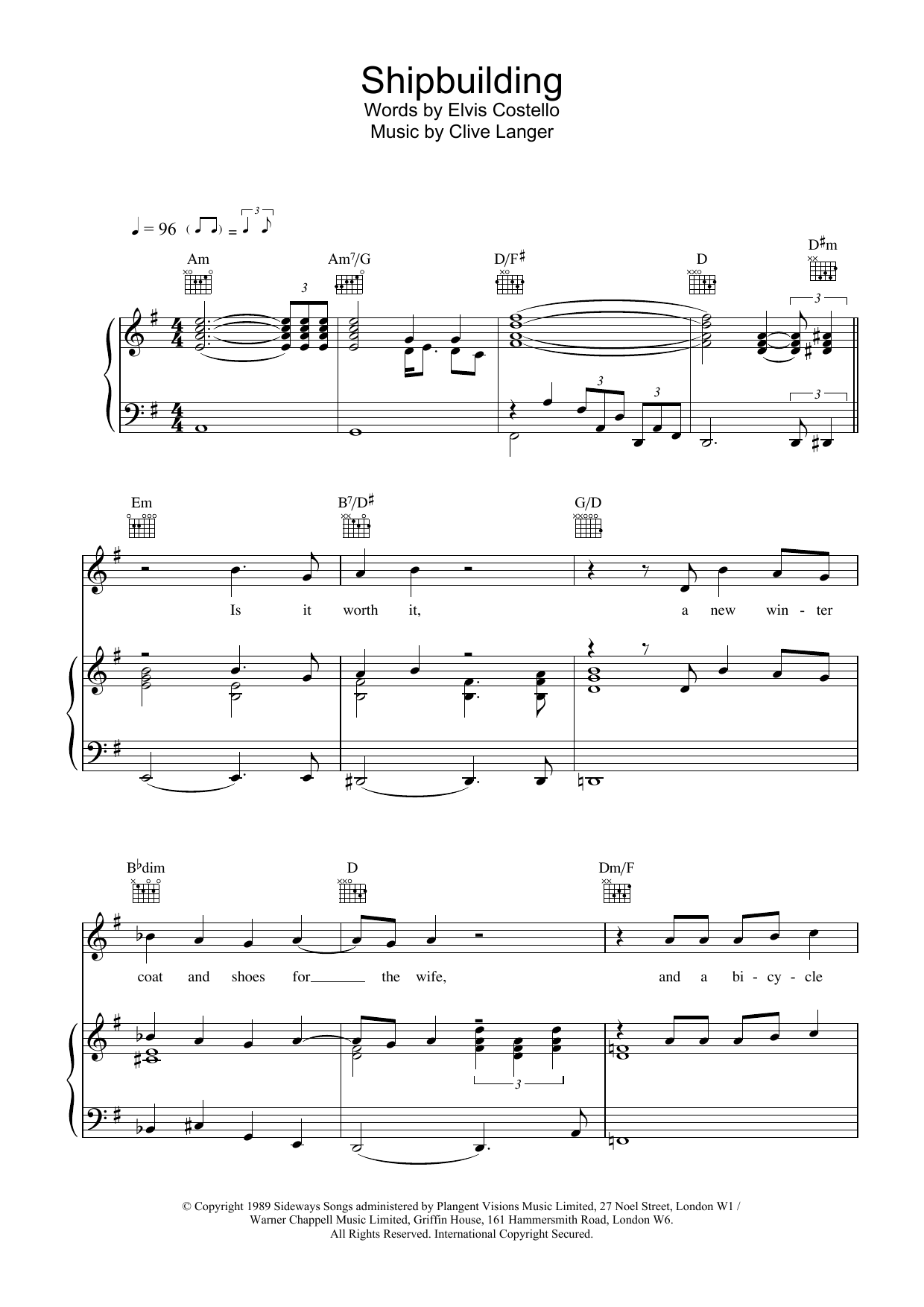 Download Elvis Costello Shipbuilding Sheet Music and learn how to play Piano, Vocal & Guitar (Right-Hand Melody) PDF digital score in minutes