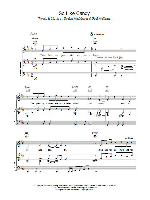 Download Elvis Costello So Like Candy Sheet Music and learn how to play Piano, Vocal & Guitar (Right-Hand Melody) PDF digital score in minutes