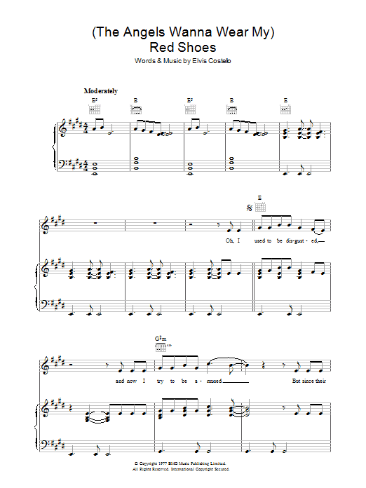 Download Elvis Costello (The Angels Wanna Wear My) Red Shoes Sheet Music and learn how to play Piano, Vocal & Guitar (Right-Hand Melody) PDF digital score in minutes