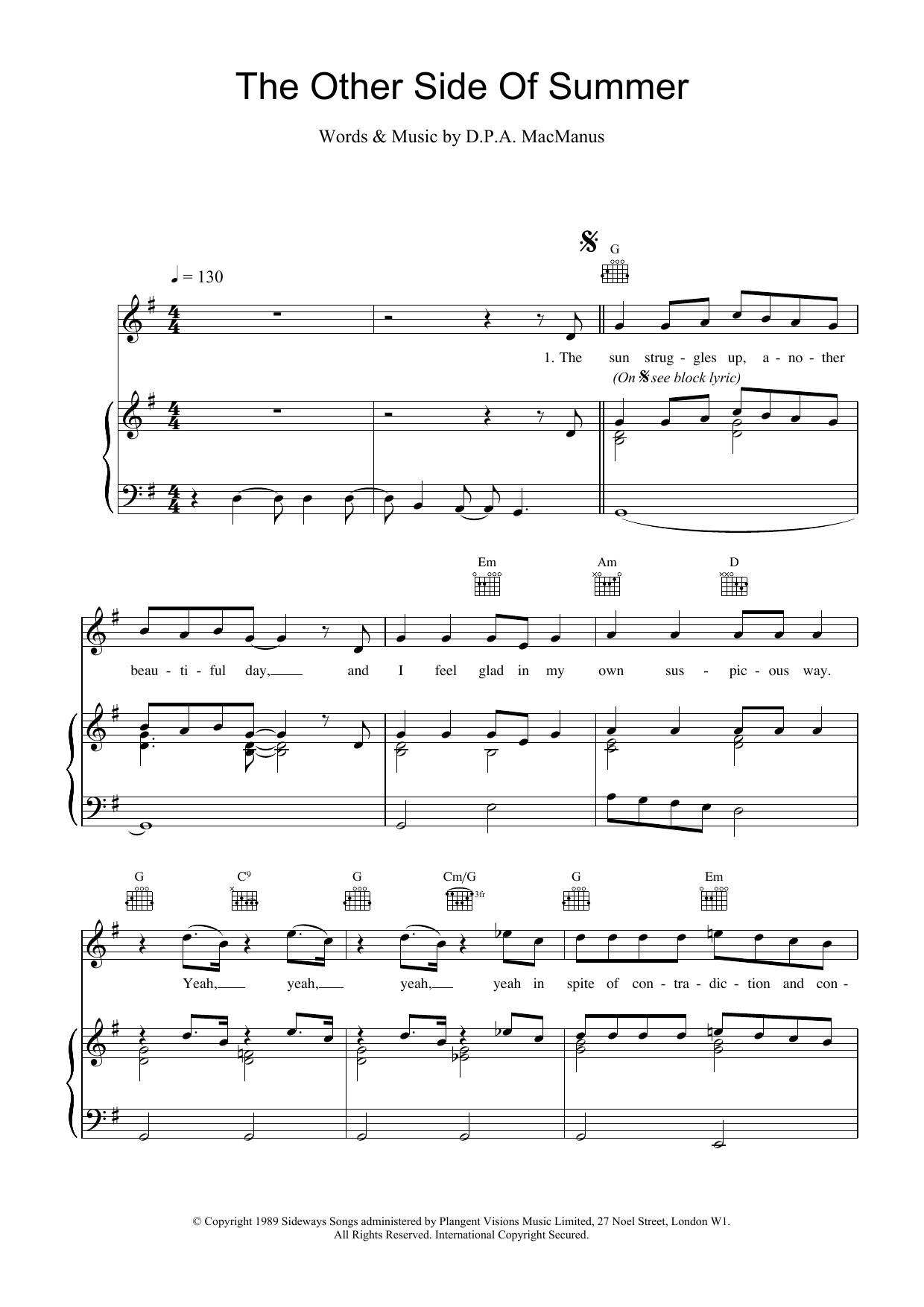 Download Elvis Costello The Other Side Of Summer Sheet Music and learn how to play Piano, Vocal & Guitar (Right-Hand Melody) PDF digital score in minutes