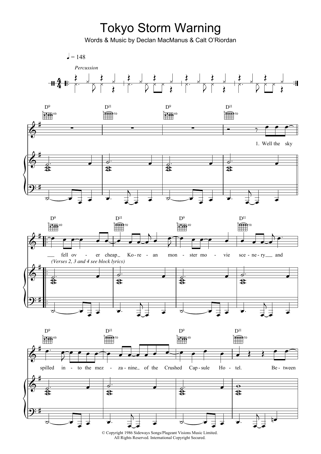 Download Elvis Costello Tokyo Storm Warning Sheet Music and learn how to play Piano, Vocal & Guitar PDF digital score in minutes