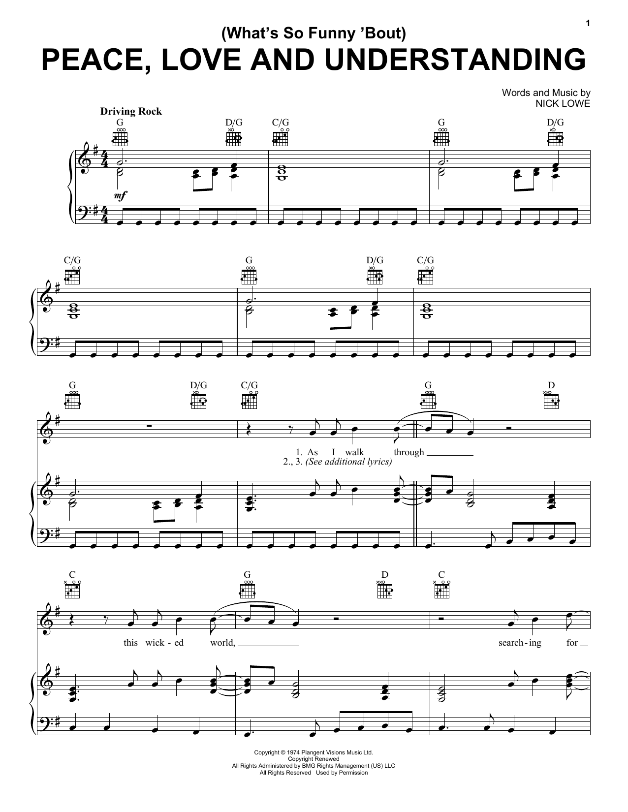 Download Elvis Costello (What's So Funny 'Bout) Peace, Love And Understanding Sheet Music and learn how to play Piano, Vocal & Guitar (Right-Hand Melody) PDF digital score in minutes