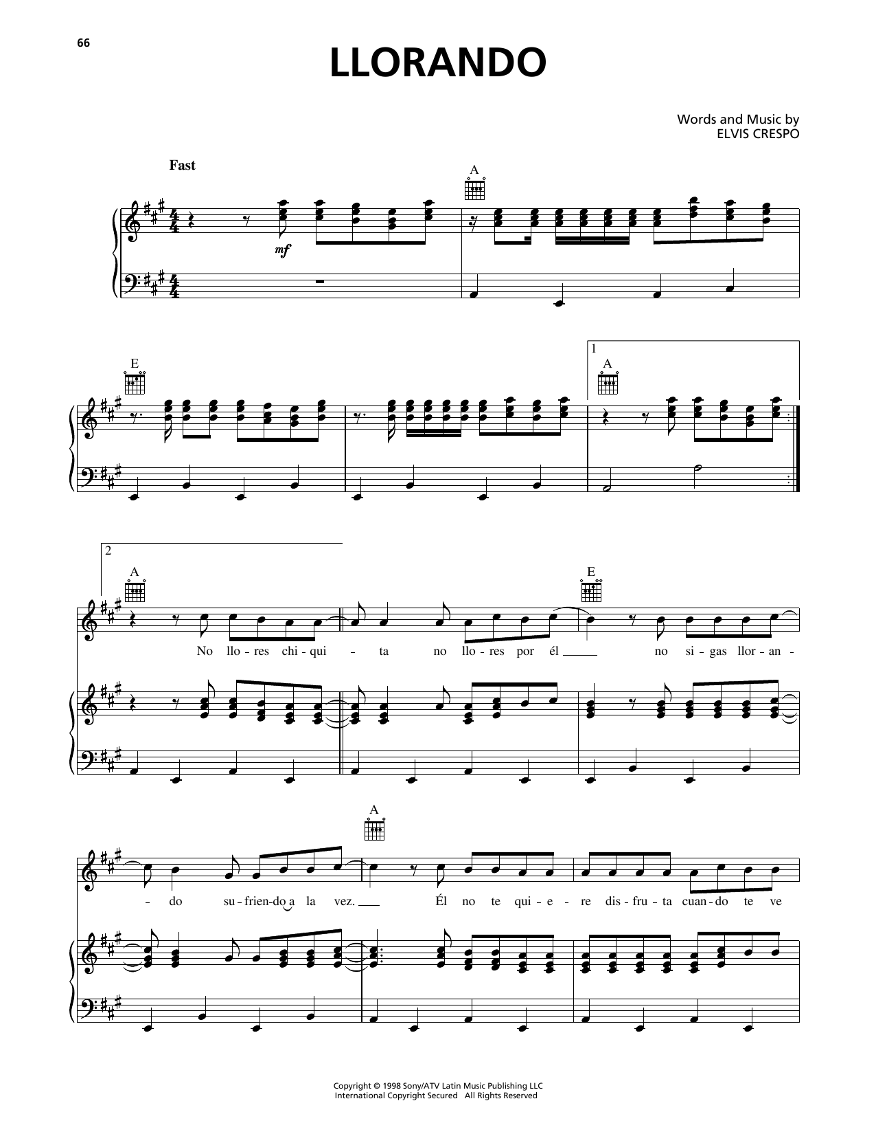 Download Elvis Crespo Llorando Sheet Music and learn how to play Piano, Vocal & Guitar Chords (Right-Hand Melody) PDF digital score in minutes