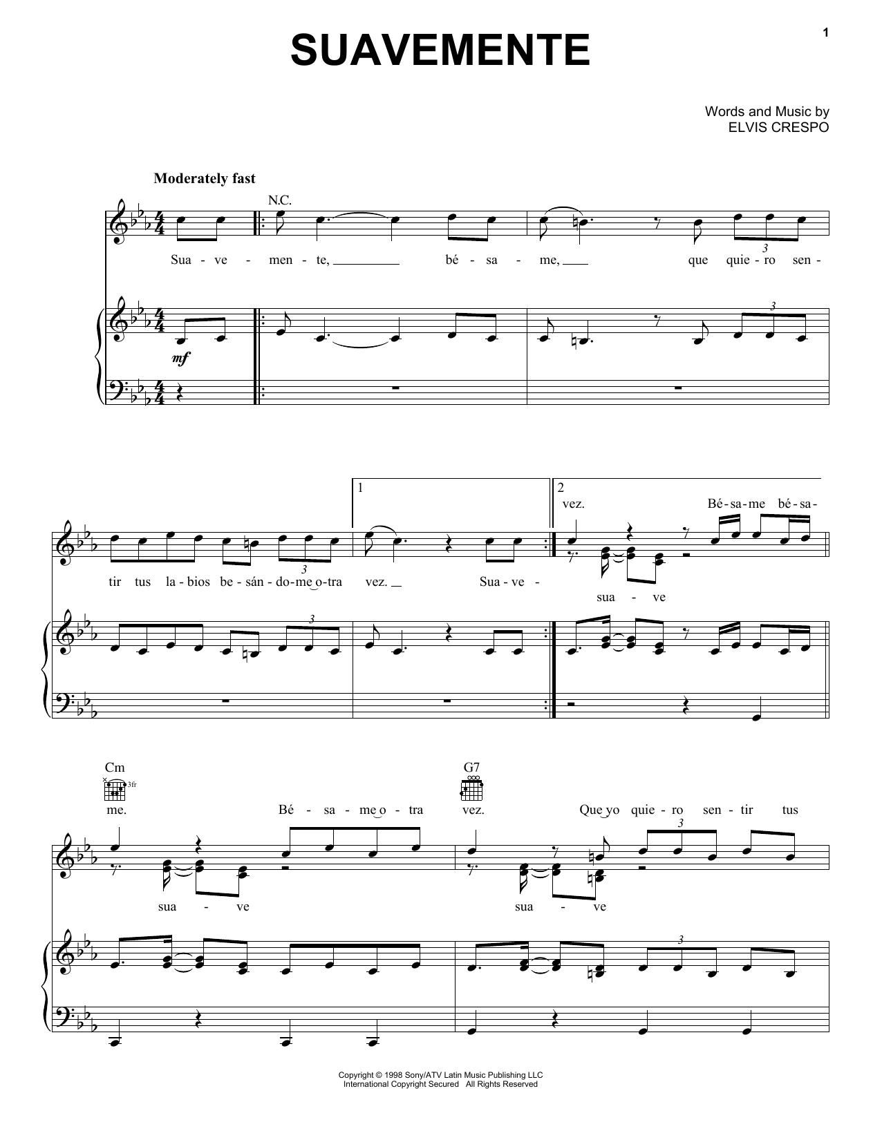 Download Elvis Crespo Suavemente Sheet Music and learn how to play Piano, Vocal & Guitar Chords (Right-Hand Melody) PDF digital score in minutes