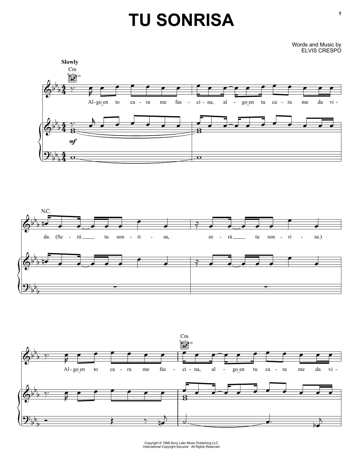 Download Elvis Crespo Tu Sonrisa Sheet Music and learn how to play Piano, Vocal & Guitar Chords (Right-Hand Melody) PDF digital score in minutes