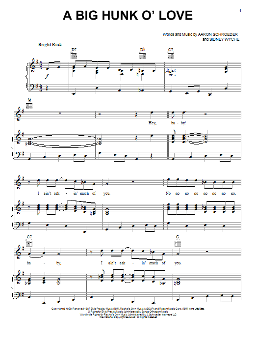 Download Elvis Presley A Big Hunk O' Love Sheet Music and learn how to play Piano, Vocal & Guitar PDF digital score in minutes