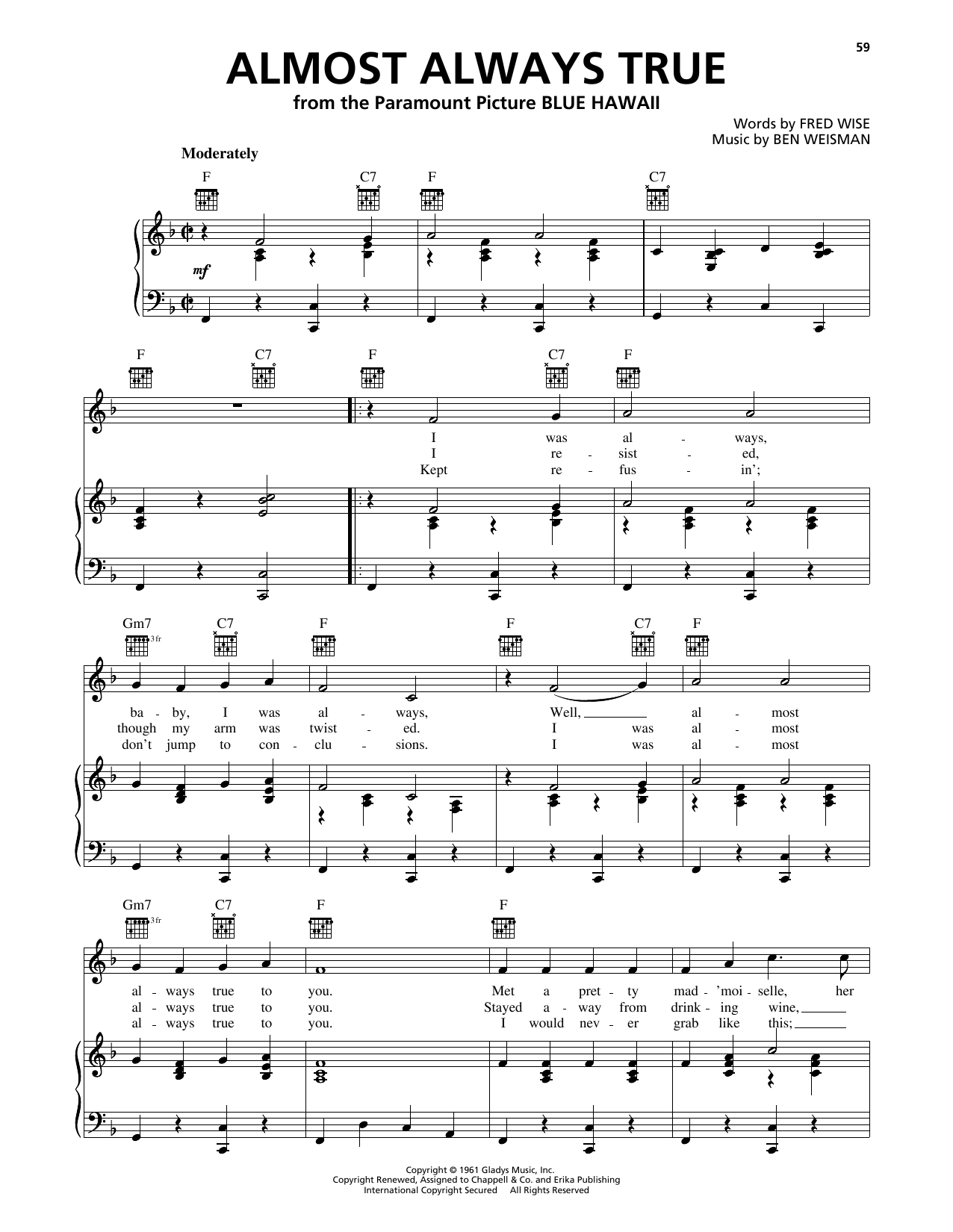 Download Elvis Presley Almost Always True Sheet Music and learn how to play Piano, Vocal & Guitar Chords (Right-Hand Melody) PDF digital score in minutes