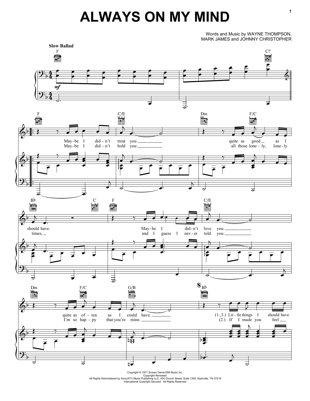 Download Elvis Presley Always On My Mind Sheet Music and learn how to play Piano, Vocal & Guitar (Right-Hand Melody) PDF digital score in minutes