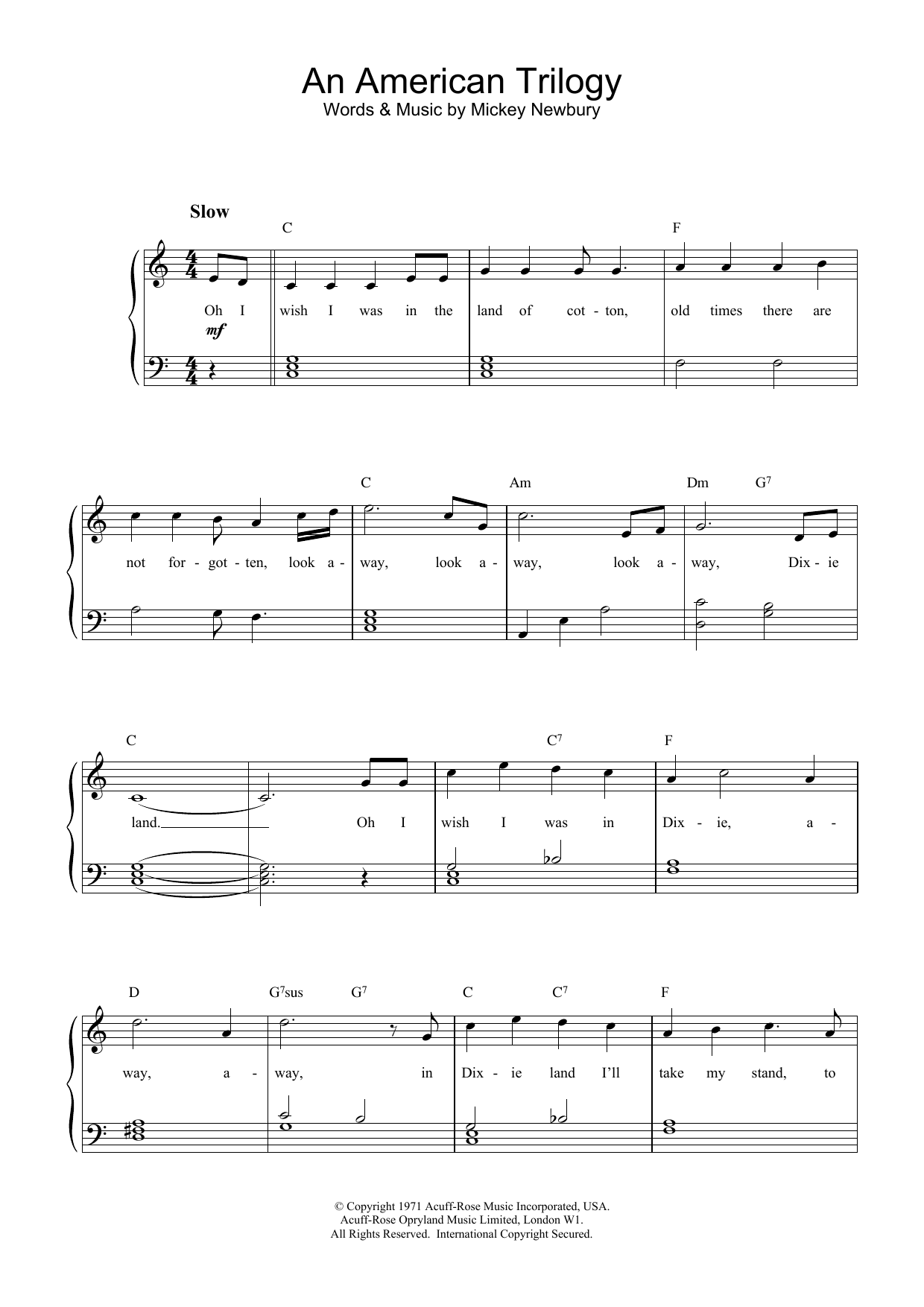 Download Elvis Presley An American Trilogy Sheet Music and learn how to play Lyrics & Chords PDF digital score in minutes