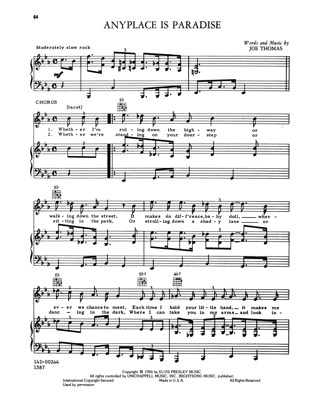Download Elvis Presley Any Place Is Paradise Sheet Music and learn how to play Piano, Vocal & Guitar Chords (Right-Hand Melody) PDF digital score in minutes
