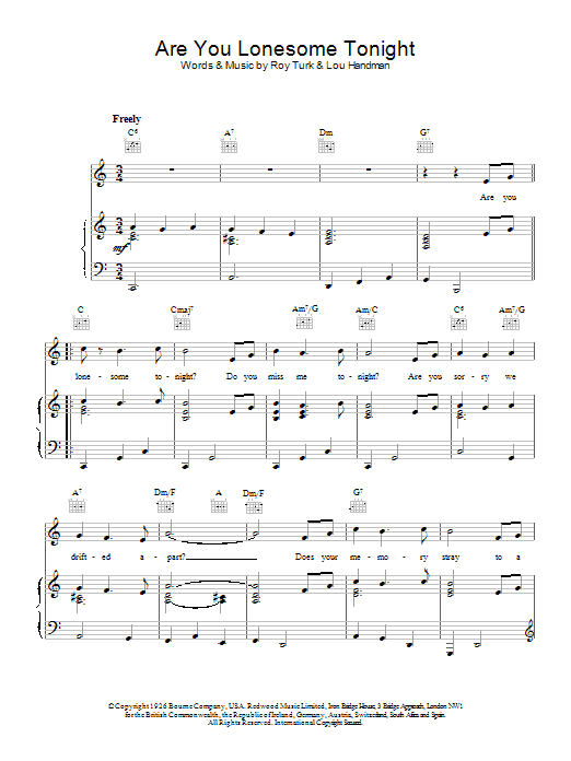 Download Elvis Presley Are You Lonesome Tonight? Sheet Music and learn how to play Piano, Vocal & Guitar (Right-Hand Melody) PDF digital score in minutes