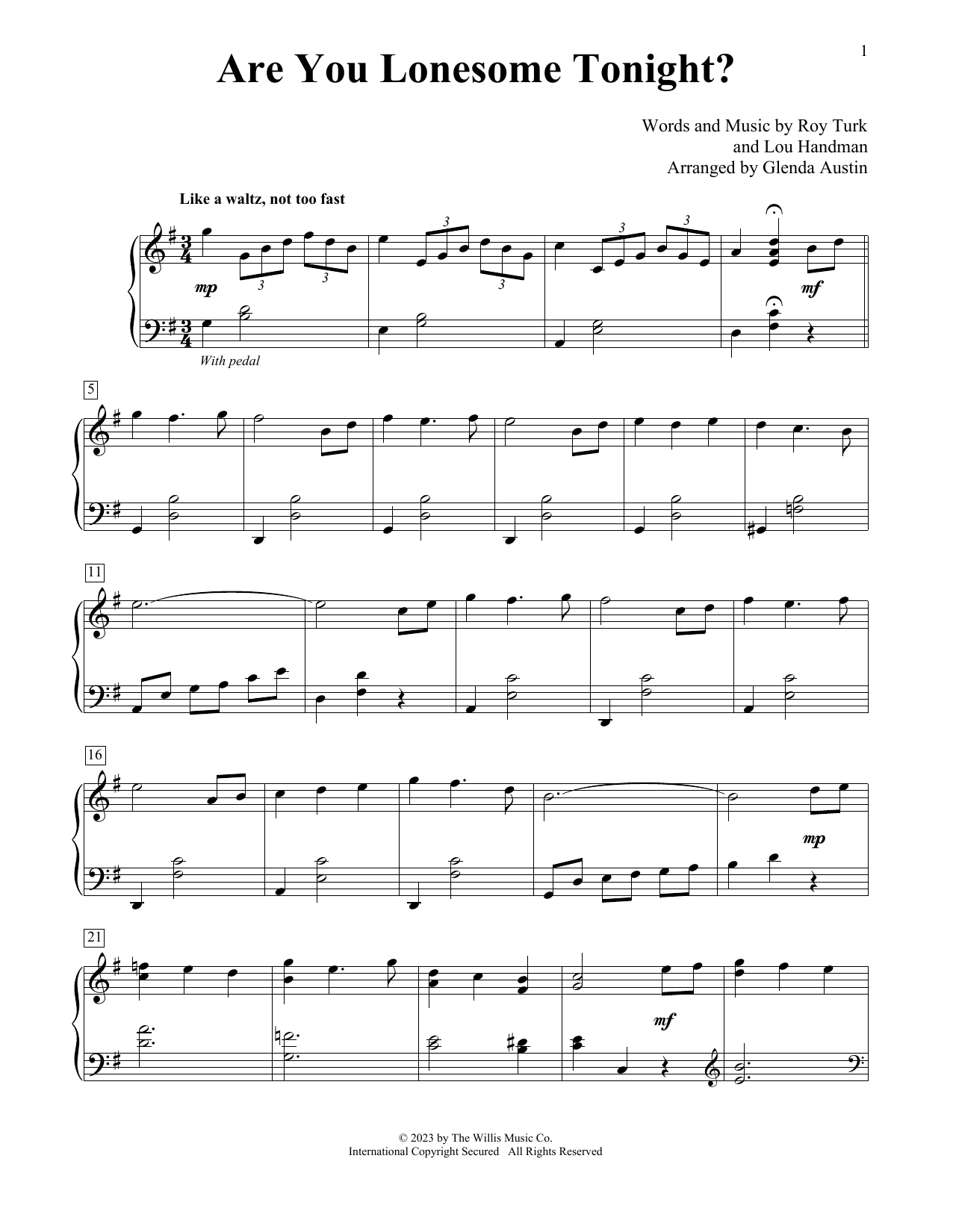 Download Elvis Presley Are You Lonesome Tonight? (arr. Glenda Austin) Sheet Music and learn how to play Educational Piano PDF digital score in minutes