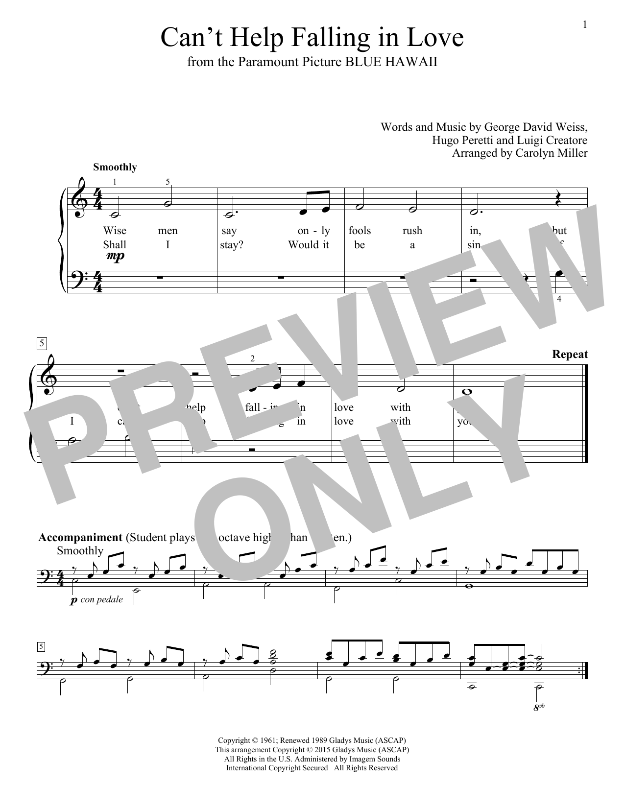 Download Elvis Presley Can't Help Falling In Love Sheet Music and learn how to play Easy Piano PDF digital score in minutes