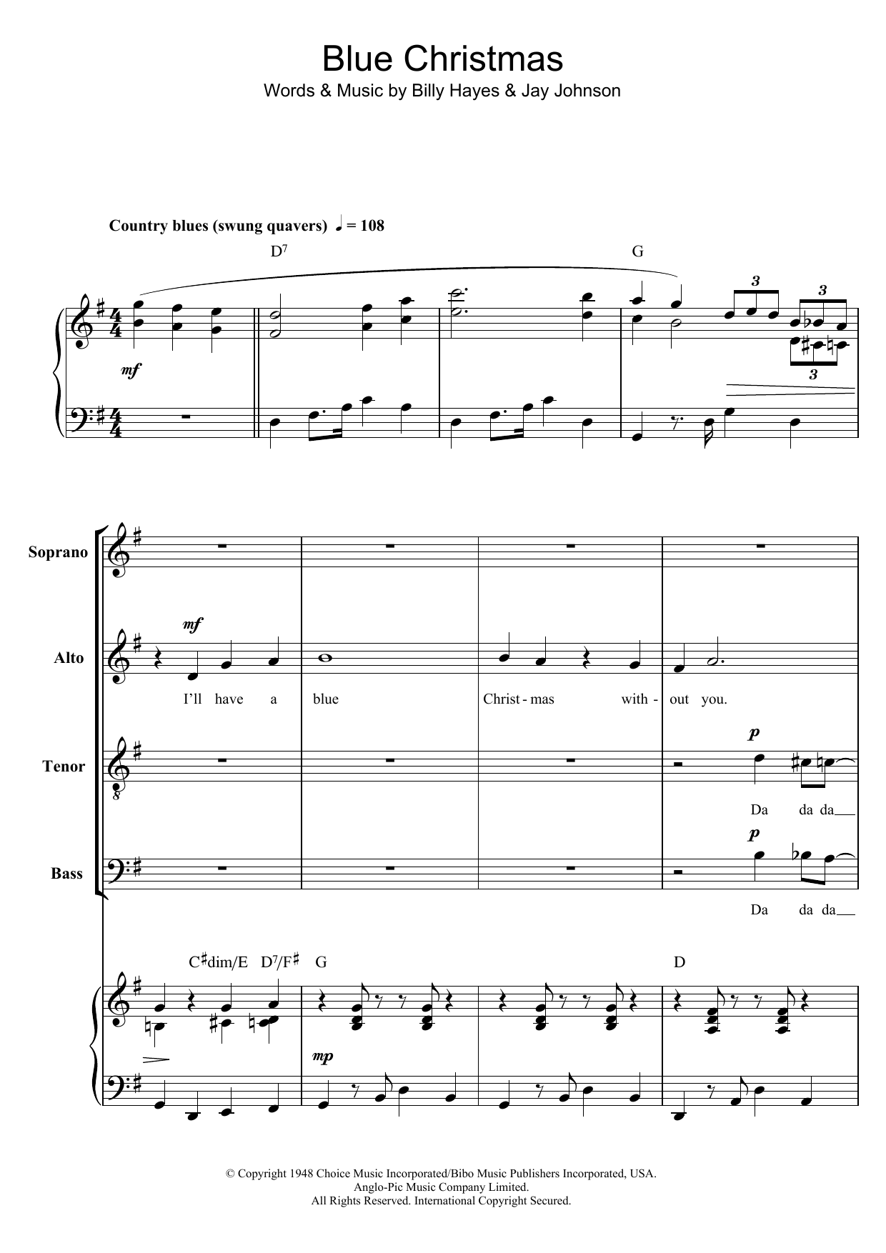 Download Elvis Presley Blue Christmas Sheet Music and learn how to play SATB PDF digital score in minutes
