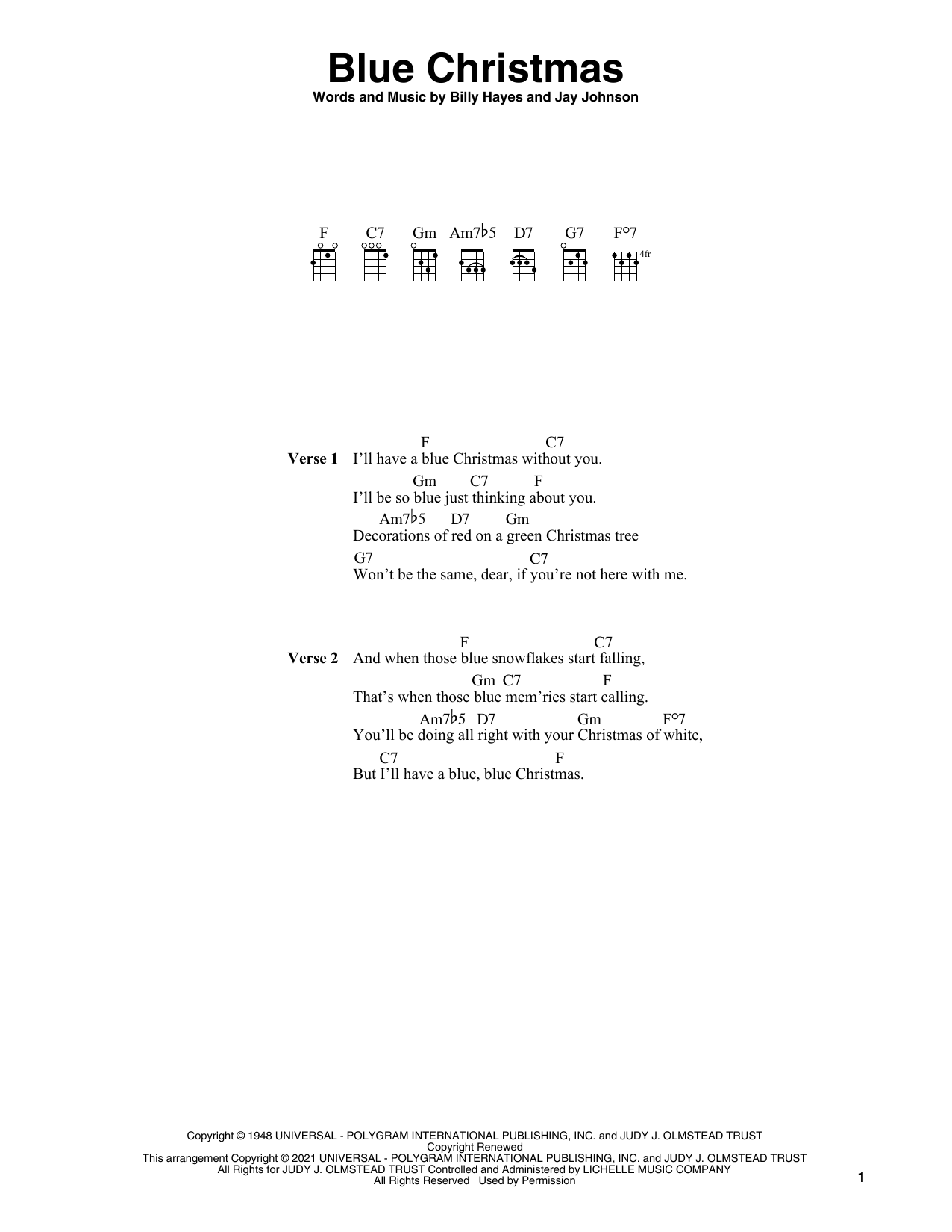 Download Elvis Presley Blue Christmas (arr. Fred Sokolow) Sheet Music and learn how to play Ukulele PDF digital score in minutes