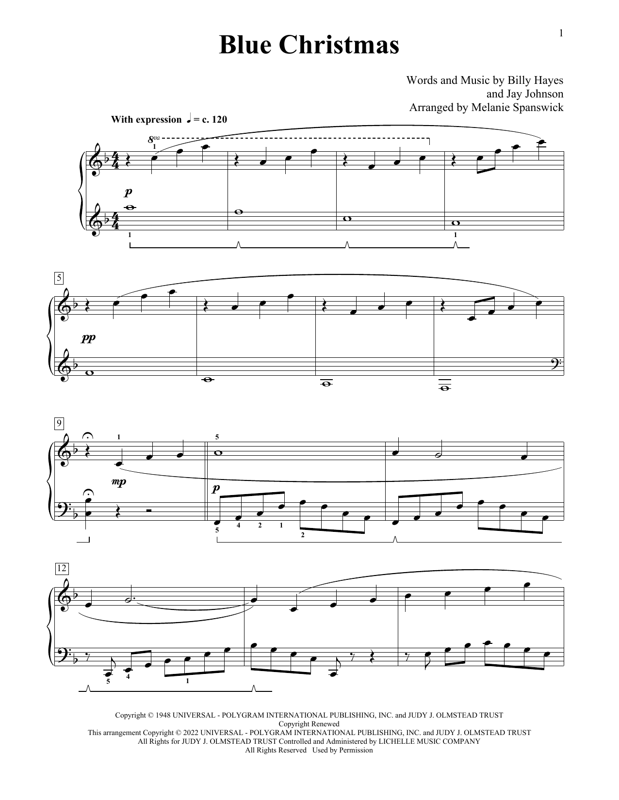 Download Elvis Presley Blue Christmas (arr. Melanie Spanswick) Sheet Music and learn how to play Educational Piano PDF digital score in minutes