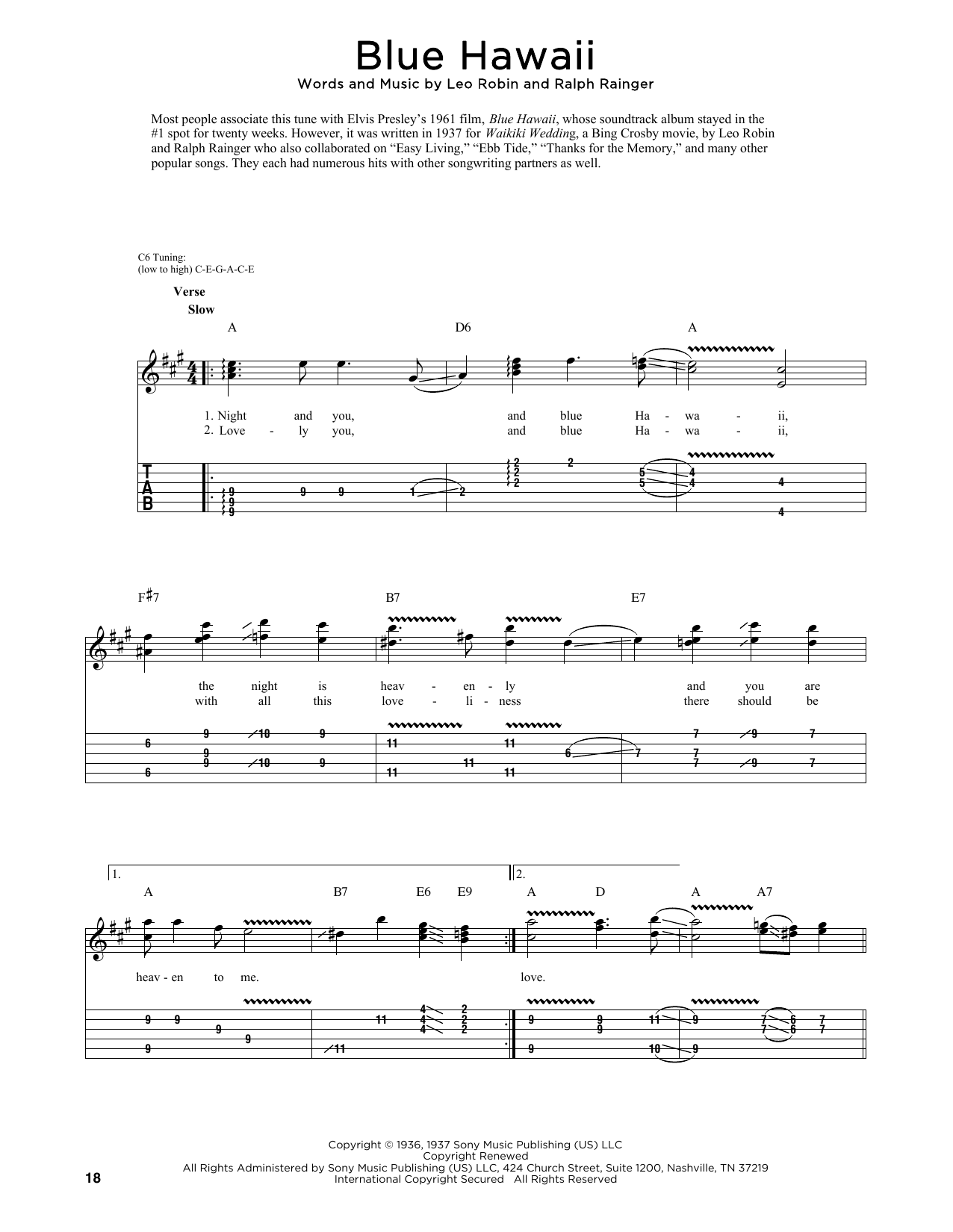 Download Elvis Presley Blue Hawaii (arr. Fred Sokolow) Sheet Music and learn how to play Guitar Tab PDF digital score in minutes