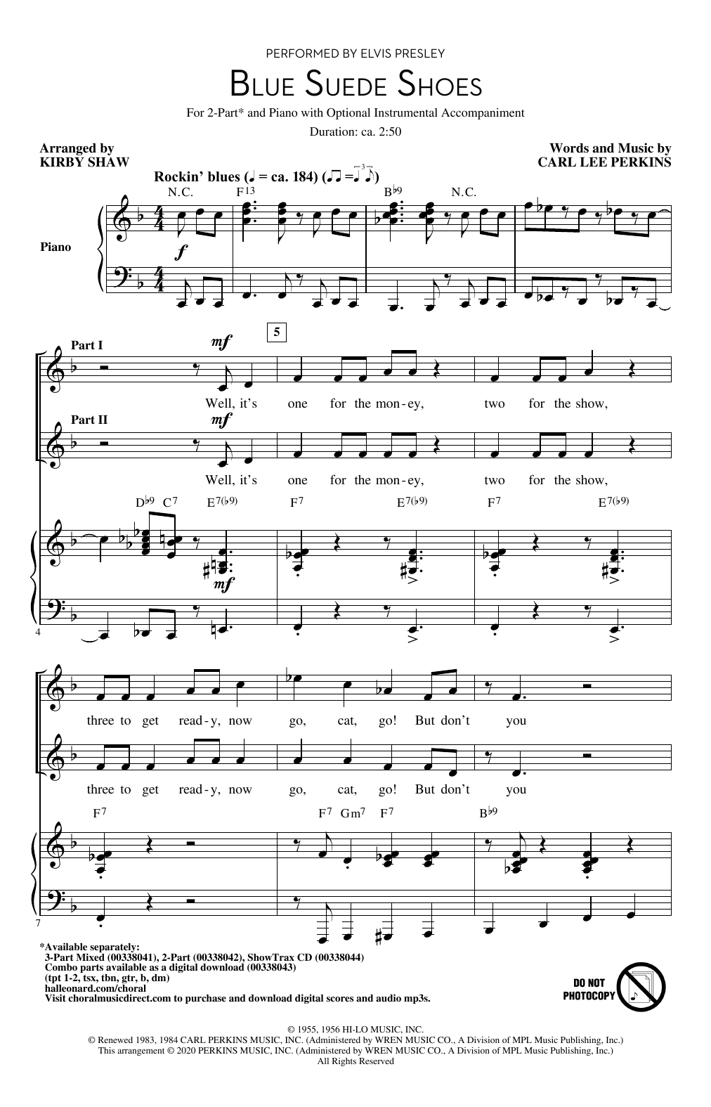 Download Elvis Presley Blue Suede Shoes (arr. Kirby Shaw) Sheet Music and learn how to play 2-Part Choir PDF digital score in minutes