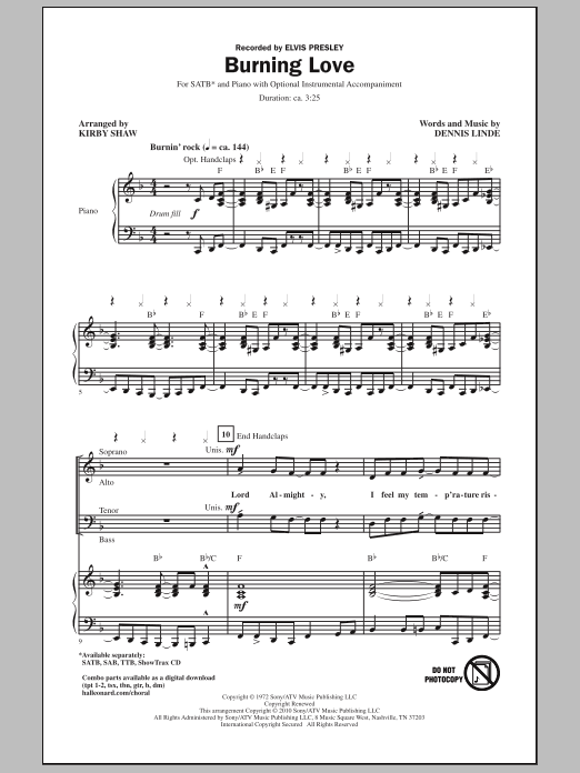 Download Kirby Shaw Burning Love Sheet Music and learn how to play SATB Choir PDF digital score in minutes