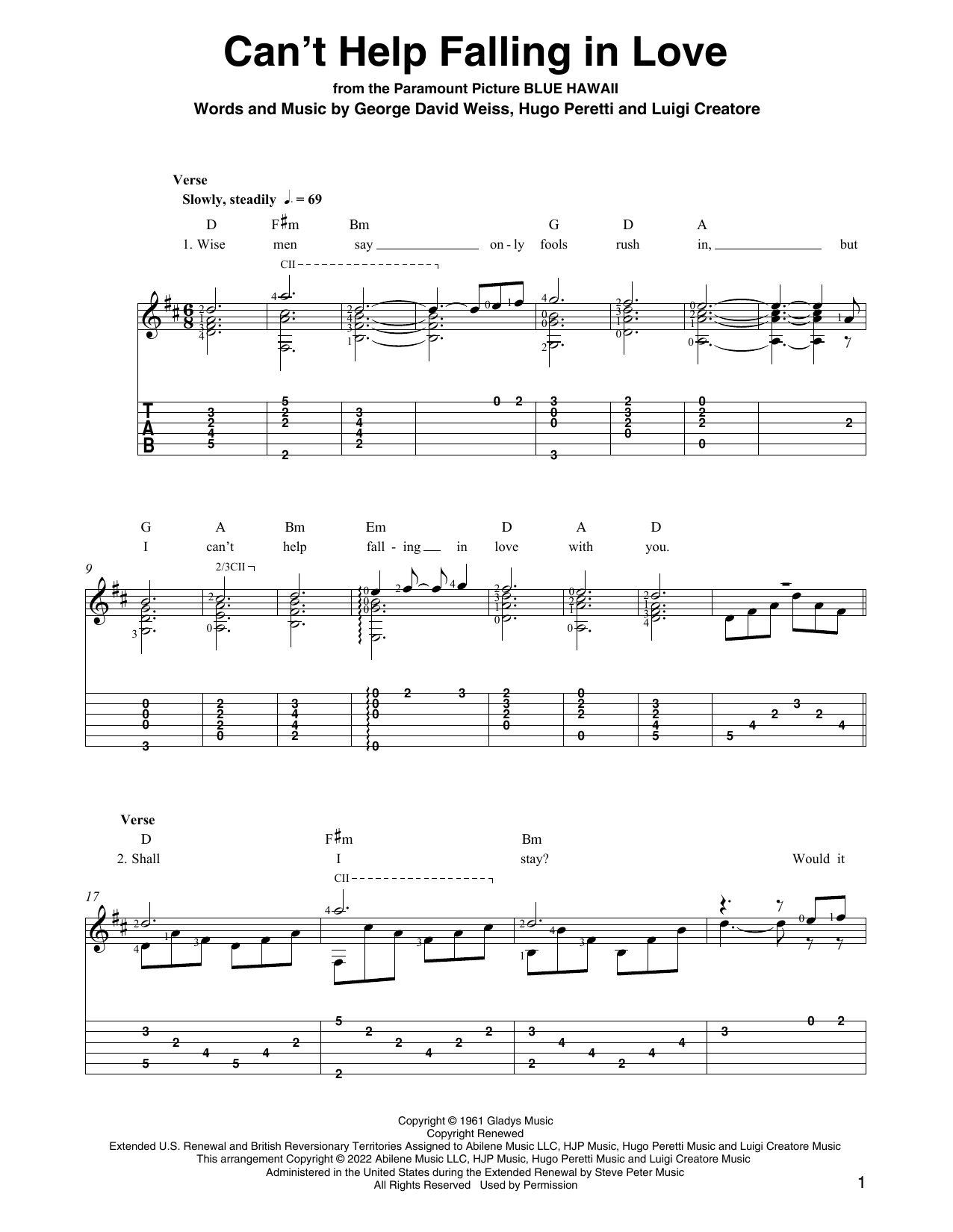 Download Elvis Presley Can't Help Falling In Love (arr. Ben Pila) Sheet Music and learn how to play Solo Guitar PDF digital score in minutes