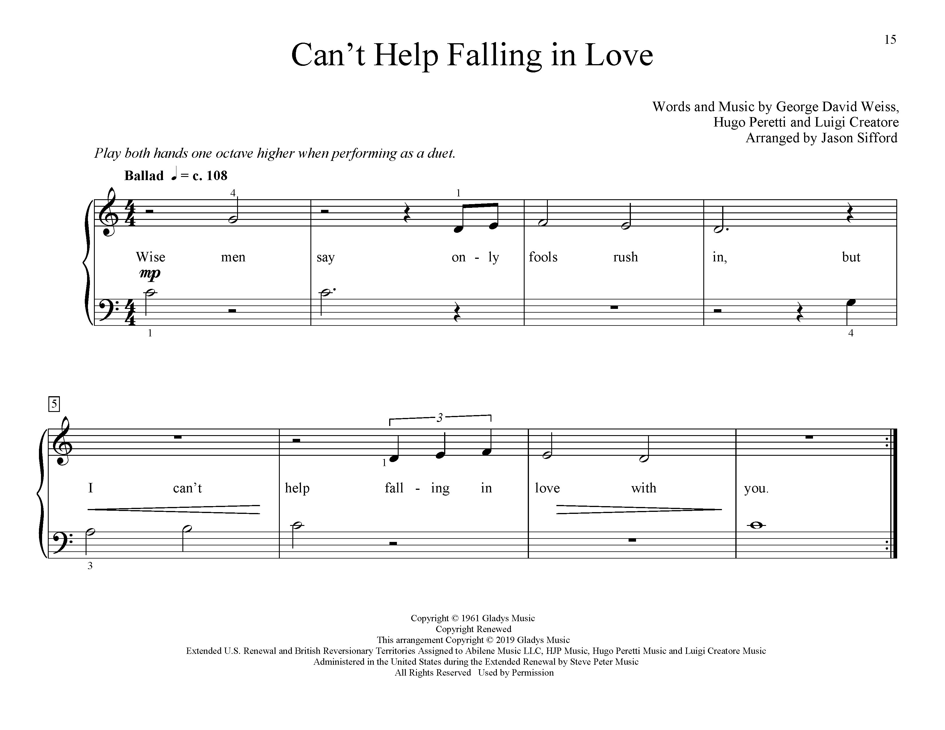 Download Elvis Presley Can't Help Falling In Love (arr. Jason Sifford) Sheet Music and learn how to play Educational Piano PDF digital score in minutes