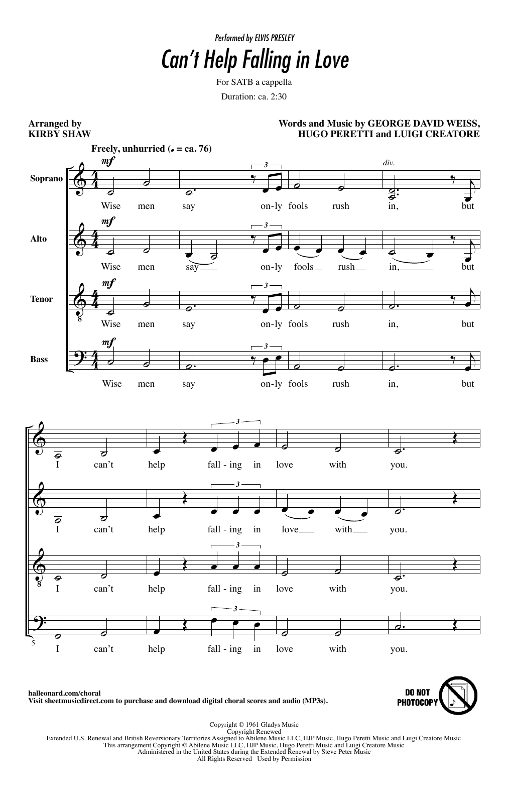 Download Elvis Presley Can't Help Falling In Love (arr. Kirby Shaw) Sheet Music and learn how to play SATB Choir PDF digital score in minutes