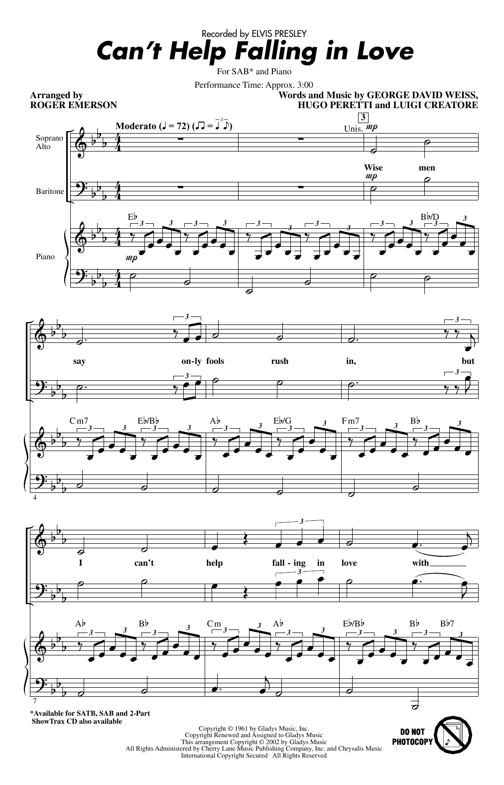 Download Elvis Presley Can't Help Falling In Love (arr. Roger Emerson) Sheet Music and learn how to play SATB Choir PDF digital score in minutes