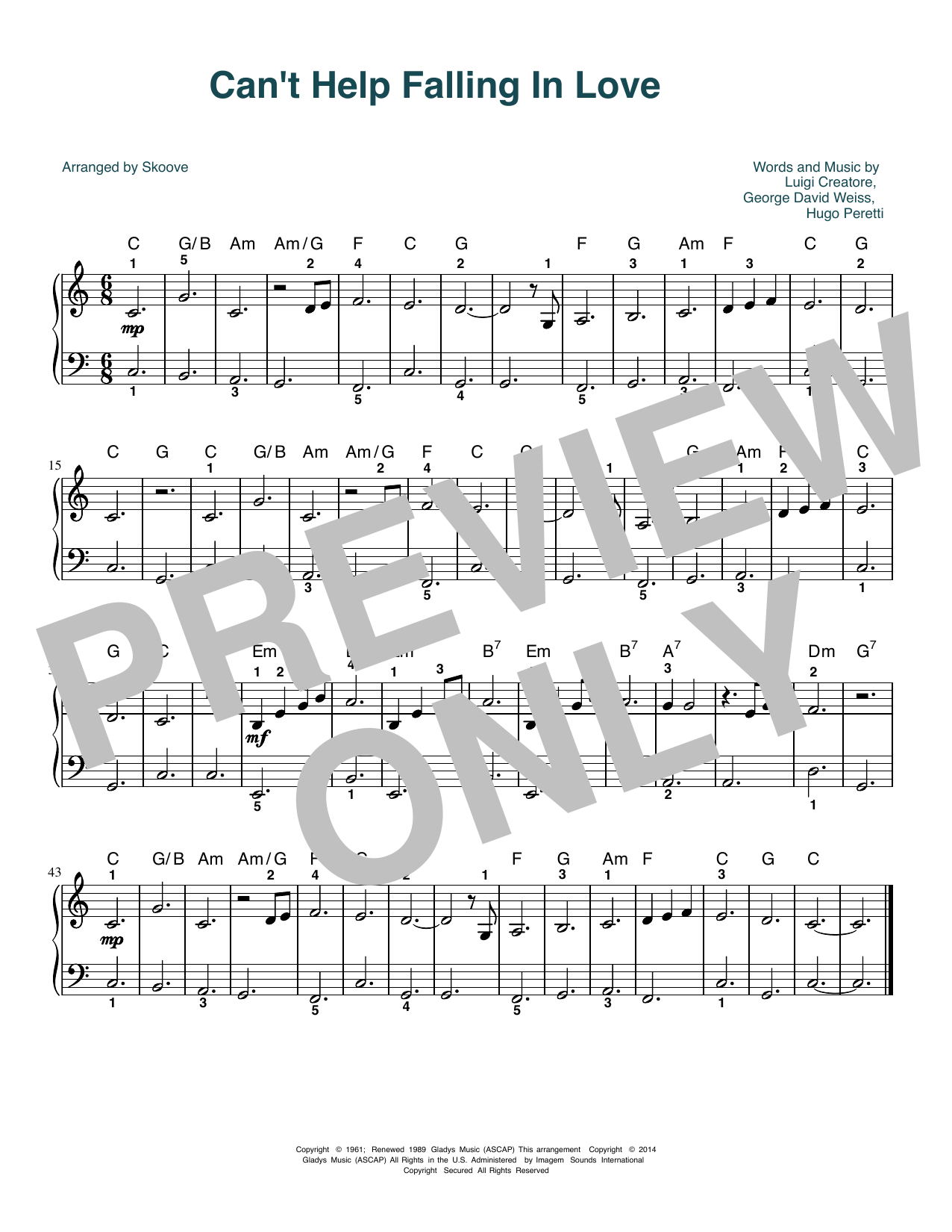 Download Elvis Presley Can't Help Falling In Love (arr. Skoove) Sheet Music and learn how to play Easy Piano PDF digital score in minutes