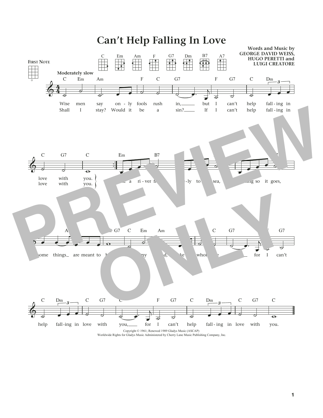 Download Elvis Presley Can't Help Falling In Love Sheet Music and learn how to play Ukulele PDF digital score in minutes