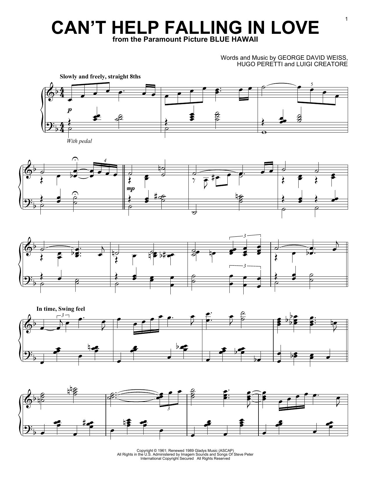 Download Elvis Presley Can't Help Falling In Love [Jazz version] Sheet Music and learn how to play Piano Solo PDF digital score in minutes